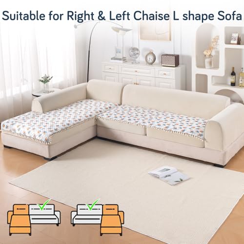 Image of HOKIPO Abstract Petals L Shape (3+3 Seater) Sofa Seat Mat with Tassel| Quilted Sofa Cover Mat, 'Tassel Twigs' Series (IN-986-T10*2)