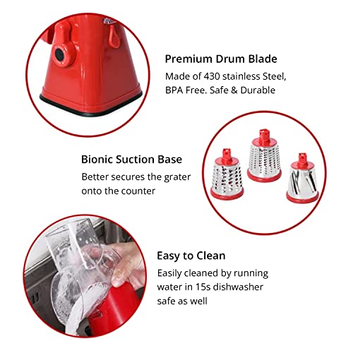 Shop Lc Red Cheese Grater Rotary Handheld With 3 Drum Blades, Grater Slicer Shredder For Vegetables Carrots Nuts, Strong Suction, Easy To Use, Easy To Clean, Easy To Assemble, Easy Replacement #TOP5