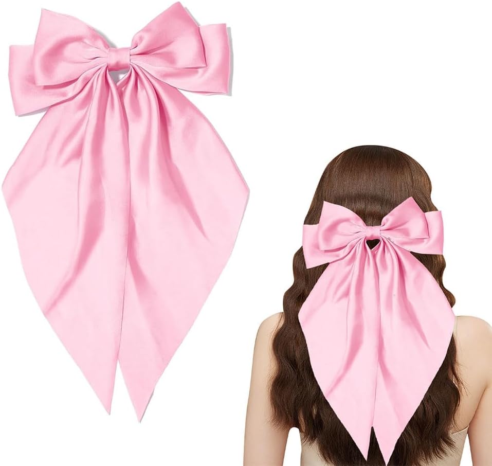 Hair Bows for Women 2Pcs, Satin Big Hair Bows, Hair Cip Bows with Long Tails, Cute Hair Accessories for girl (pink)
