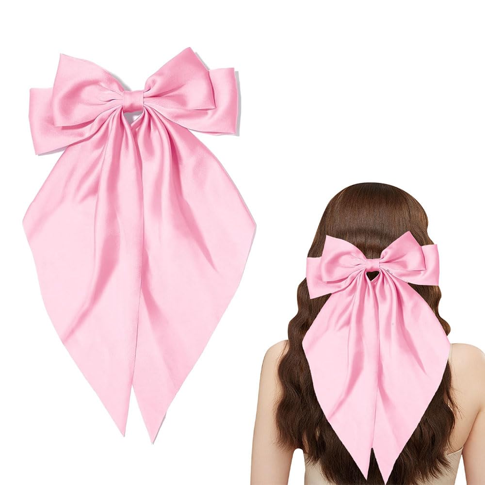 Hair Bows for Women 2Pcs, Satin Big Hair Bows, Hair Cip Bows with Long Tails, Cute Hair Accessories for girl (pink)
