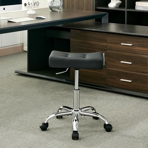 FIRAVOE Office Stool with Wheels (300lbs Capacity) (Adjustable Height 17-21 inch) Black Faux Leather...