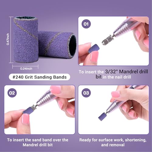 Image of MelodySusie 100 Pcs Nail Drill Bits Sanding Bands for Nail Drill 240 Extreme Fine Grit Nail File Sanding Bands for Acrylic Nails Gel Manicures and Pedicure, Purple