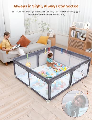 Image of Dripex Baby Playpen with Mat, 71 inchx59 inch Large Play Pen for Babies, Grey | Included Waterproof Mat /Portable Bag /Pull up Rings, Breathable Visible Mesh, Easy Setup, Indoor /Outdoor Use