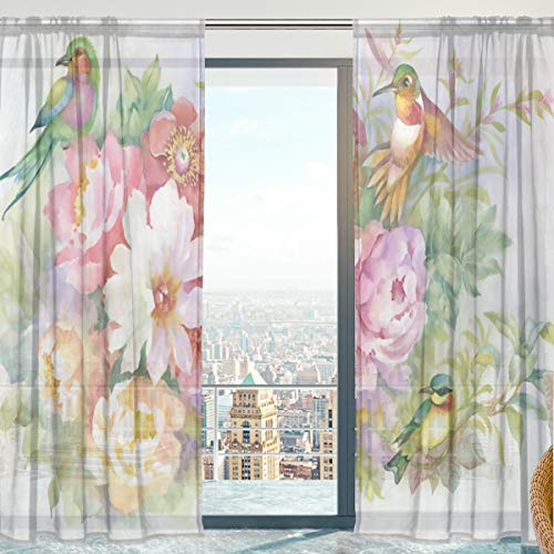 Mnsruu Rideau Voilage Fleurs et Oiseaux Panneau Voilage Fenêtre Salon 140 x 198 cm 2 Panneaux