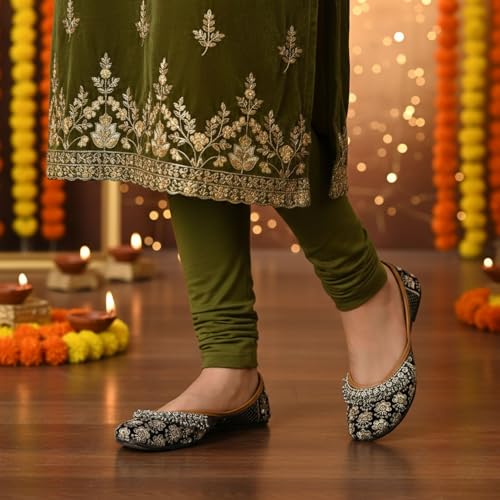 Image of DFR Women Rajasthani Embroidered with Payal Punjabi Mojari Juti Shoe