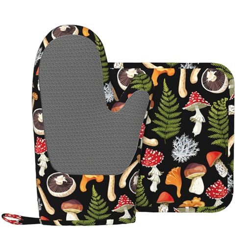 Bright Mushroom Fern Oven Mitts and Pot Holders Set of 2 Silicone Heat Resistant Oven Mitten Potholders Non Slip Gloves Kitchen Decor for BBQ Cooking Grilling Baking