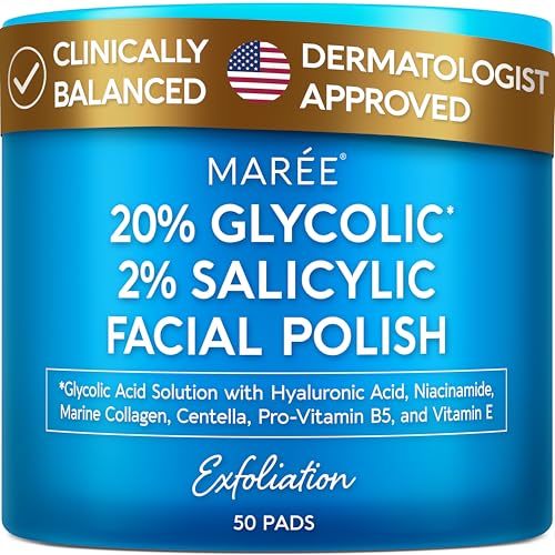 MAREE Glycolic Acid Pads & 2% Salicylic Acid – Toner Pads for Face with 20% Glycolic Acid Solution – Face Exfoliating Pads, Acne Clearing Face Pads – Skin Pore Resurfacing & Radiance Device – 50 Count