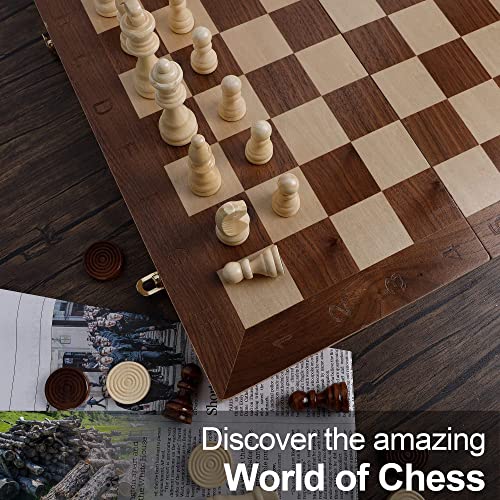 Juegoal 17" Wooden Chess & Checkers Set, 2 In 1 Board Games For Kids And Adults, With Felted Game Board Interior For Storage, Travel Portable Folding Chess Game Sets, 2 Extra Queen, 24 Checkers Pieces #TOP6