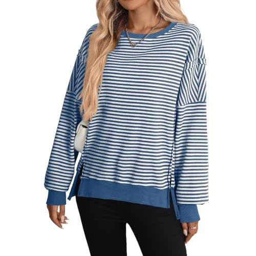 Striped Long Sleeve Shirt Women Waffle Knit Crewneck Oversized Sweatshirt - image 2