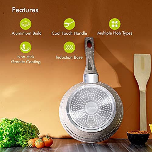 مقلاة سمارت 20 سم من رويال فورد، مقلاة من 5 طبقات من الجرانيت غير اللاصق، متوافقة مع مواقد متعددة، مقبض مقاوم للحرارة مع حلقة تعليق، مثالية للقلي والطبخ والقلي والمزيد، بيج، Rf9461Bge، 20 سم