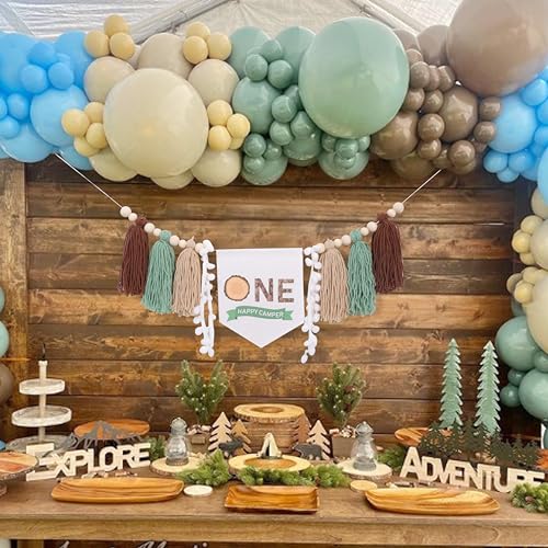 Faixa de cadeira alta de aniversário One Happy Camper - Faixa de borla de fio de acampamento, decora