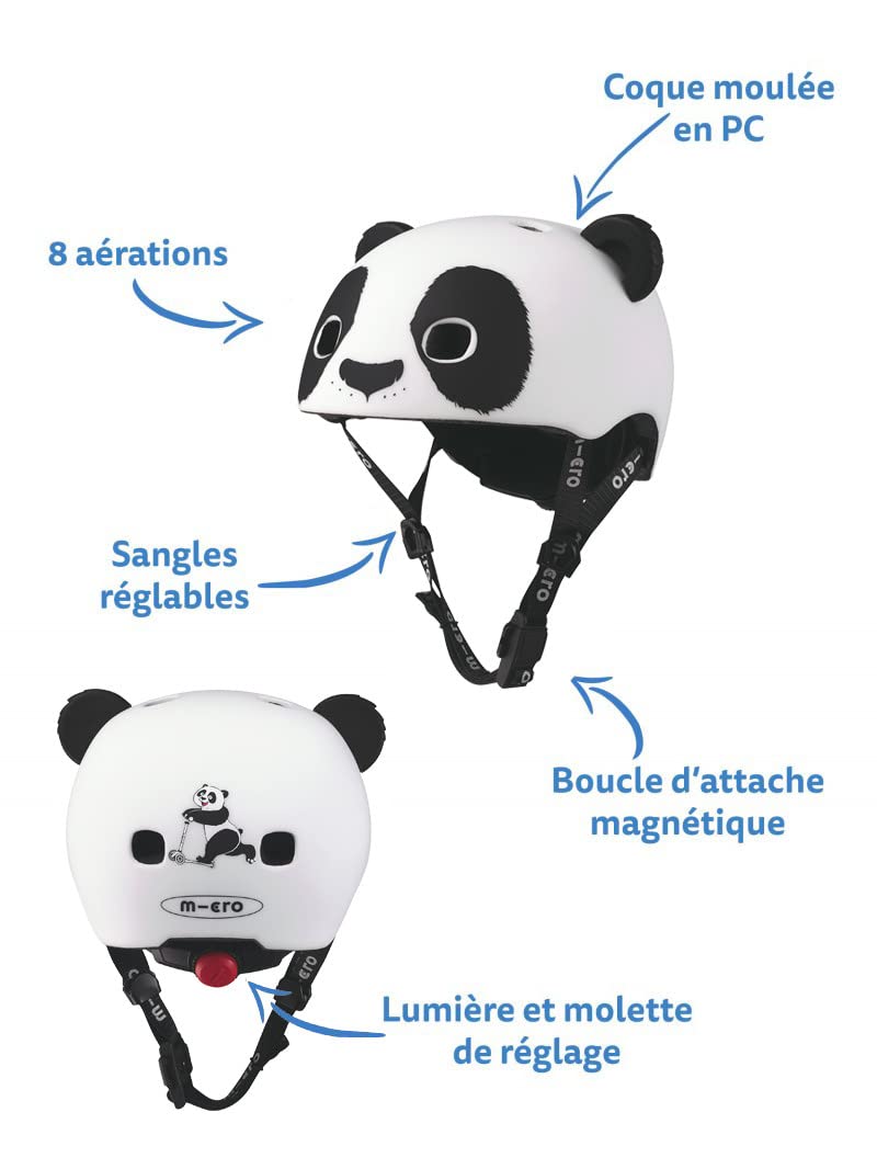 Micro | Casque Panda 3D | Enfants | Finition Mate | Boucle Magnétique/Lumière LED intégrée | 2-5 Ans | Taille XS