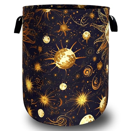 Image of Golden Sun Pattern Laundry Basket Oxford Cloth Hamper 18.9x16.5 Inch | Foldable With Handle Tote Bag Colorful Galaxy Laundry Hamper Clothes Storage Bucket Toy Organizer ForBathroom /Laundry /Bedroom