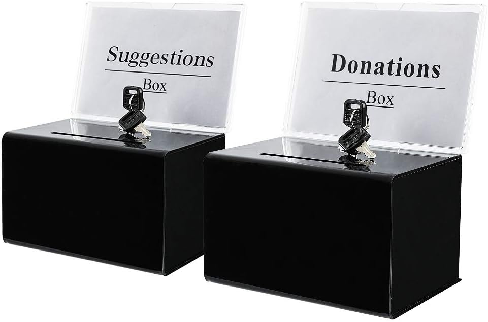 KYODOLED Acrylic Donation Box with Lock,Ballot Box with Sign Holder,Suggestion Box Storage Container for Voting, Raffle Box,Tip Jar 6.1" x 4.3" x 3.8",2 Pack,Black : Office Products