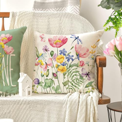 Spring Outdoor Throw Pillow Covers 18×18 Set of 4 Garden Flowers Farmhouse Patio Decorative Cushion Covers Home Decor Couch for Sofa Bedroom Livingroom
