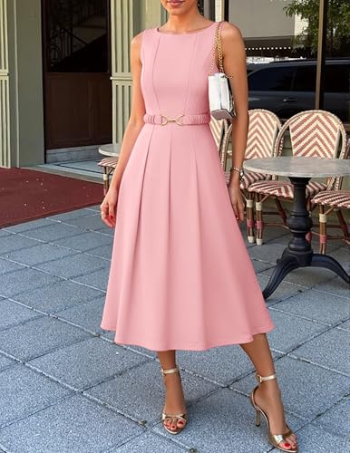Image of ZESICA Women Summer Sleeveless Midi Dresses 2026 Elegant Boat Neck A Line Tie Waist Spring Cocktail Party Dress