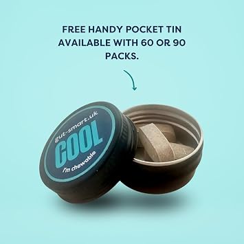 Gut–Smart Cool, 60 x Chewable Tablets, Fast Digestion Support, Natural Supplements for Healthy Digestion, Contains Slippery Elm, Marshmallow Root, Calcium and Biotin, Pocket TIN Included