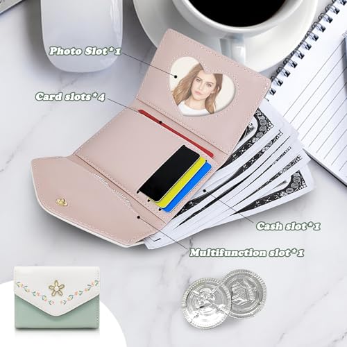 Small Wallet for Woman, Flowers Print Cute Leather Wallet Fashion Bifold Wallet with ID Window and Card Slots (Green)4