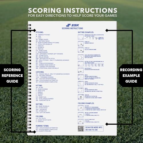 SSK 50 Game Official Scorebook Baseball + Softball – Premium Cover Score Keeping Book – 15 Player - Home + Away Team – 9.25”x12” (50 Games)