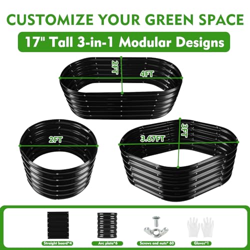 YSEJOMP 17\" Tall Outdoor Garden Raised Garden Bed Kits, 4ft X 2ft Oval,0.8MM Thick Metal Raised Planter Bed/Ground Planter Box for Variety of Flowers,Herbs,Vegetables (Black, 48X24X16.5 Inches)
