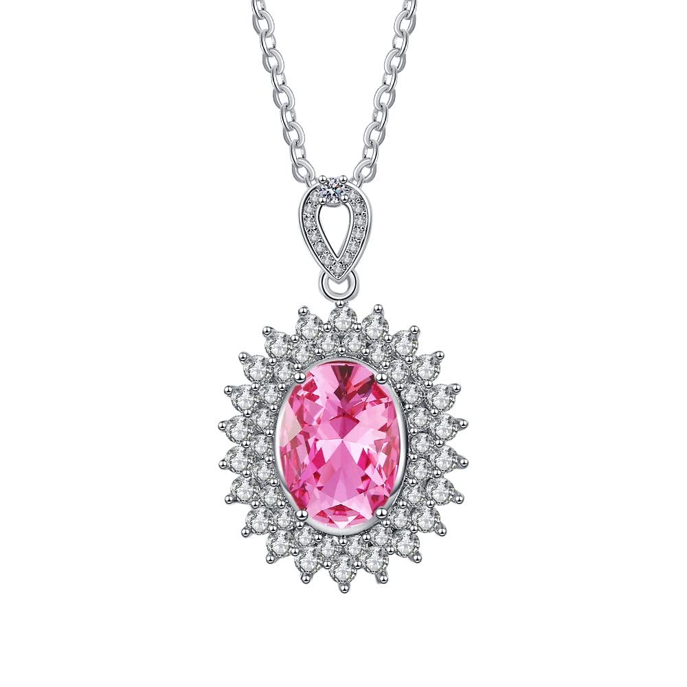 Collar de cadena de oro blanco de 18 quilates para mujer, gargantilla delicada con flor de lujo con topacio rosa ovalado y diamante de laboratorio para mujer, oro blanco