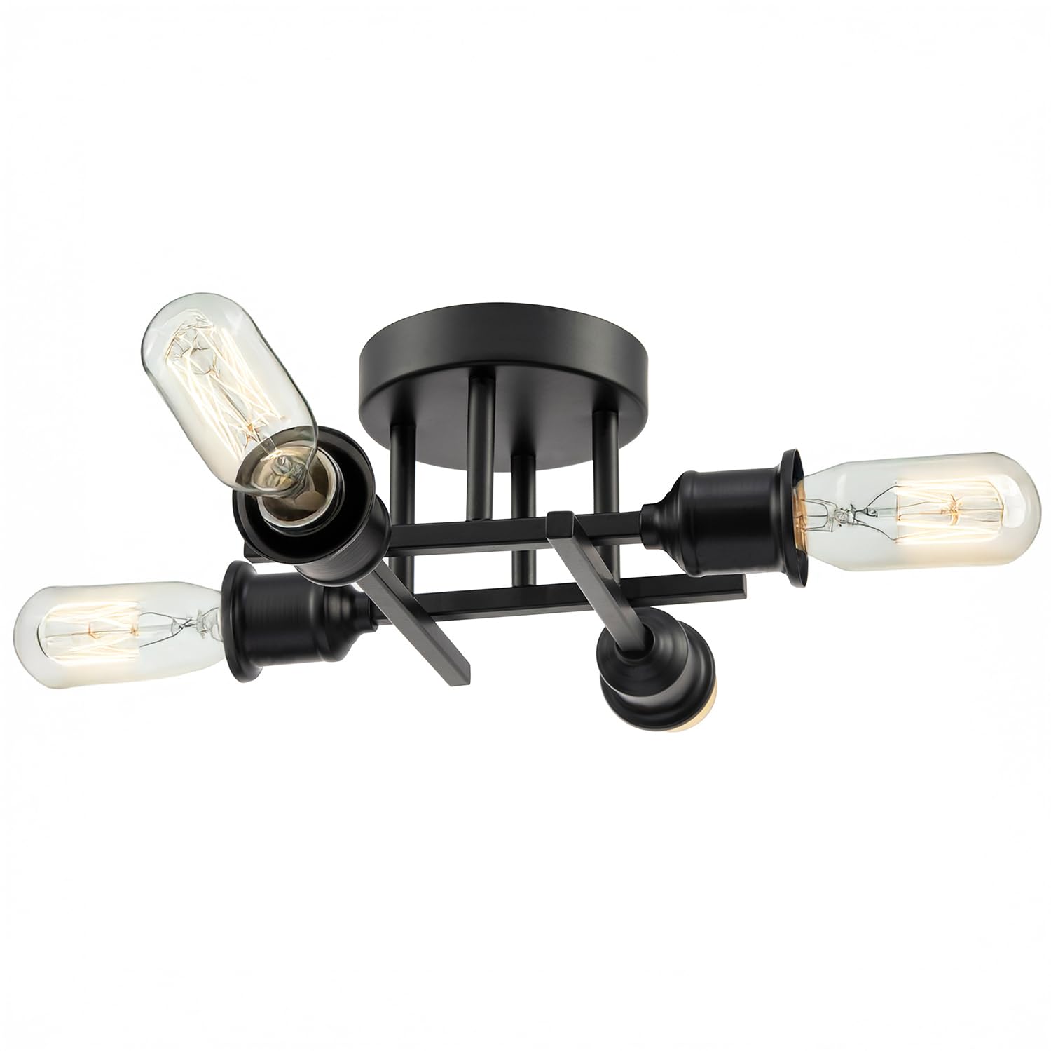 Happy Homewares Industrial Vintage Matte Black Ceiling Light Fitting with Traditional Lamp Holders | Showcase Vintage LED Light Bulbs | 15cm x 26cm