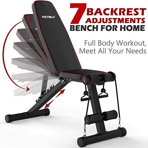 MCNBLK Adjustable Weight Bench 400lbs Capacity, Incline Decline Weight Lifting Workout Bench Home Gym, Multi-Position Utility Bench for Full Body Workout, Folding Dumbbells Bench with Elastic Ropes