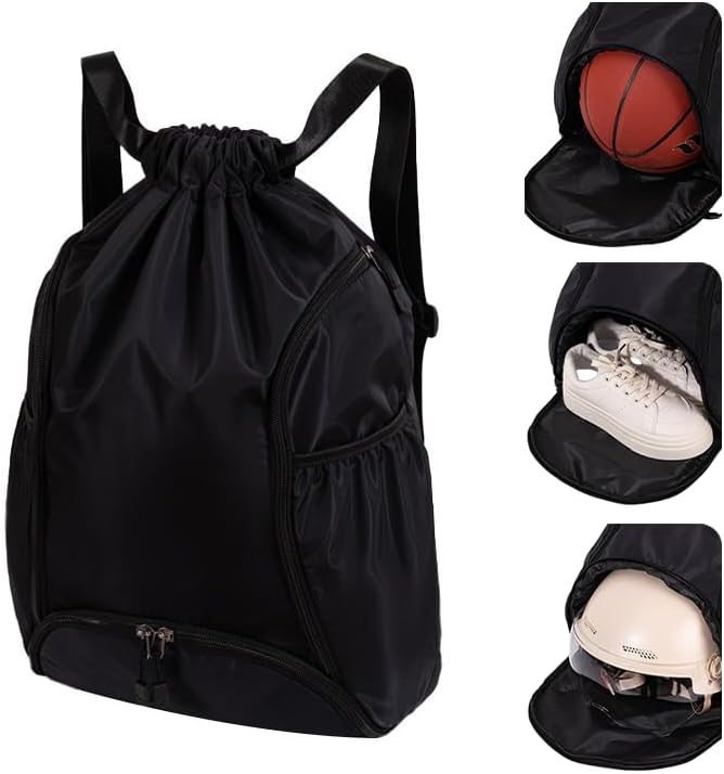 Mochila deportiva con cordón, bolsa de gimnasio impermeable para mujeres y hombres, paquete de baloncesto con compartimento para zapatos, Negro -,