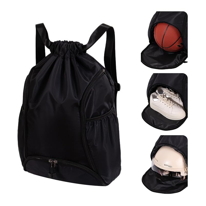Sports Drawstring Backpack, Waterproof Swim Gym Bag for Women&Men, String Basketball Pack with Shoes Compartment, Black