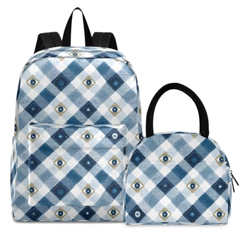 Evil Eye Checkered Print Backpack Set with Lunch Bag, Large Capacity Travel Backpacks and Lunch Box Insulated for Commute Hiking Picnic