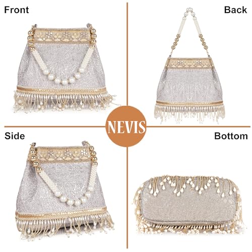 Image of Nevis PU Silk Fabric Women's Embellished Potli Bag with Pearl Handle & Fringe Detailing | Designe Wedding & Festive Handbag
