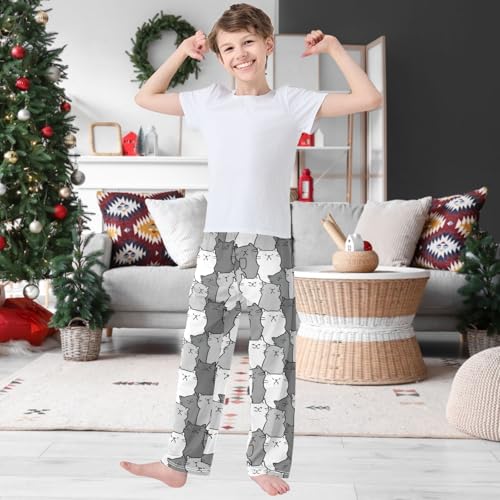 Boy's Pj Pants Dark Grey White Cartoon Cat Lounge Bottoms Elastic Waist Kids Joggers with Pockets Size 6-142