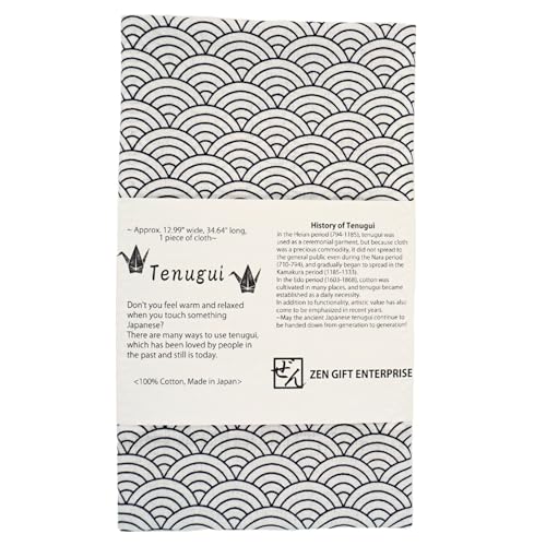ZEN GIFT ENTERPRISE Tenugui Traditional Towel Made in Japan Fray Prevention 100% Cotton Eco Friendly Kitchen Towel Gift Wrapping Seigaiha Navy Blue on White 12.99"x34.64"