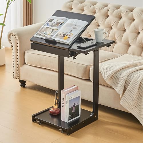 Image of Uniclinens C Shaped End Table for Couch, Rolling Side Table with Wheels Adjustable, Solid Wood TV Sofa Arm Eating Tray Table for Multi-Purpose, Small Coffee Table Living Room Bedroom, Black