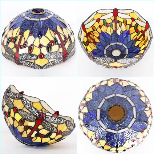Image of 12 Inch Tiffany Lamp shade Replacement Only(Orange Blue Dragonfly) | Stained Glass Lampshade Only 1-5 /8-Inch Fitter Opening for Arched Floor Lamp, Torchiere Lamp, Pendant Light