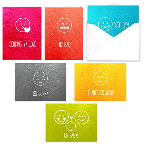 Emoticon Note Card Assortment Pack - Set of 36 cards - 6 designs blank inside with white envelopes