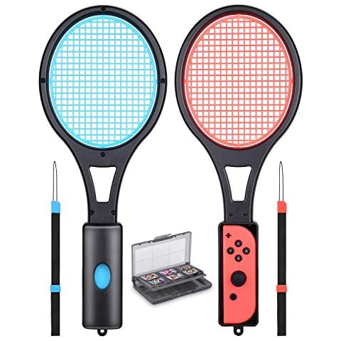 Mario Tennis Racket - Tendak Tennis Racket for Nintendo Switch Joy-Con Controllers Mario Tennis Aces Game Accessories with 12 in 1 Game Card Case ( Blue and Red) Cover