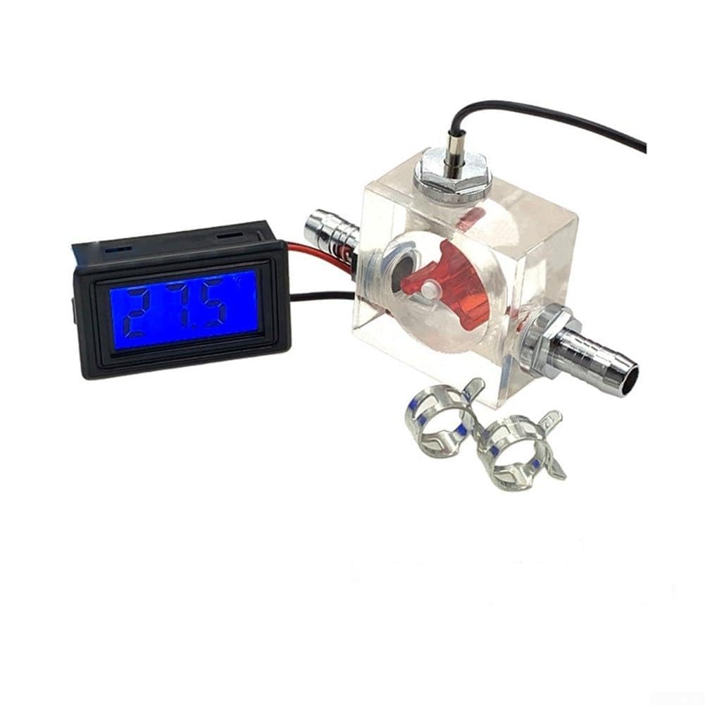 Three-Way Flow Meter with LED Thermometer - For Water Cooling System, Acrylic Liquid Cooler Gauge with Pagoda Clip Connectors and Hose Clamps(Red numbers)