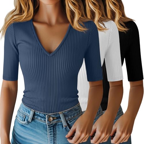 Riyiper Lot de 3 Hauts pour Femme à Manches mi-Longues Jusqu'au coude en Coton côtelé col en V Coupe ajustée(Noir, Blanc, Bleu Brume,M)