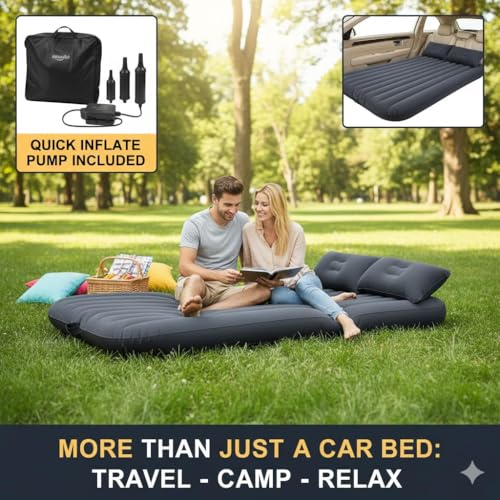 Image of Portable Exclusive Car Air Mattress Car Back Seat Travel Car Sleeping Bed for Kids Inflatable Bed with 2 Pillow & Pump |Quick inflate for Car |Travel for Trips,Camping, Picnic, Pool |Black