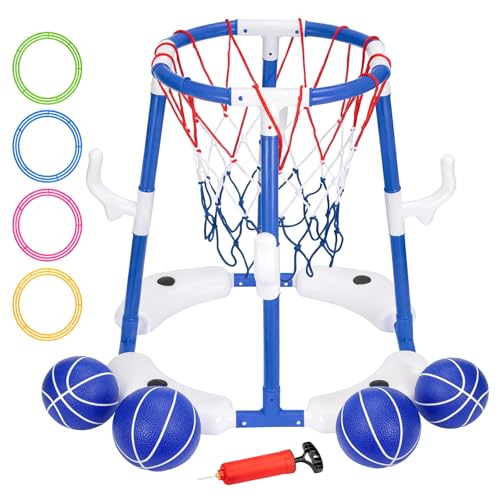 Schwimmender Pool-Basketballkorb geeignet für Kinder und Erwachsene inklusive 4 Poolbällen und einer Luftpumpe aufblasbares Basketball-Spiel für den Pool Pool-Spielzeug-Basketballkorb (Blau)