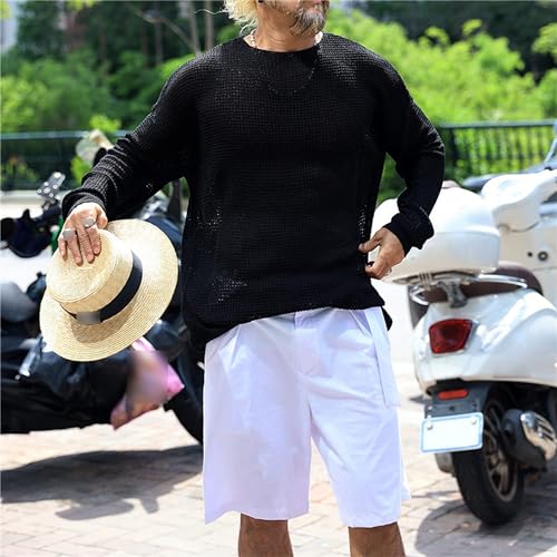 Men's Waffle Knitted Sweater Textured Long Sleeve Crewneck Pullover Male Breathable Stretch Loose Fit Sweaters3