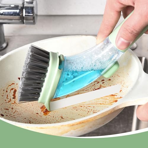 Image of dishwashing Brush with Handle, Scratch-Free dishwashing Brush, Plate Brush, soap Dispenser, Kitchen Tableware, Pot, Sink Cleaning Set (Green)