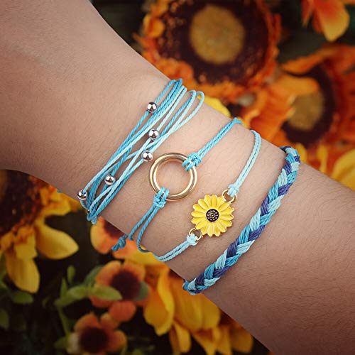Image of Stackable Sunflower String Bracelets Cute Boho Braided Summer Beach Jewelry