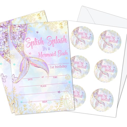 HQLOW Set of 20 Golden Glitter Mermaid Birthday Invitation Party Invitations for 1st Grils & Kids with Envelopes and Pieces Stickers Supplies for Sea Ocean Theme Birthday Partys Decorations -05