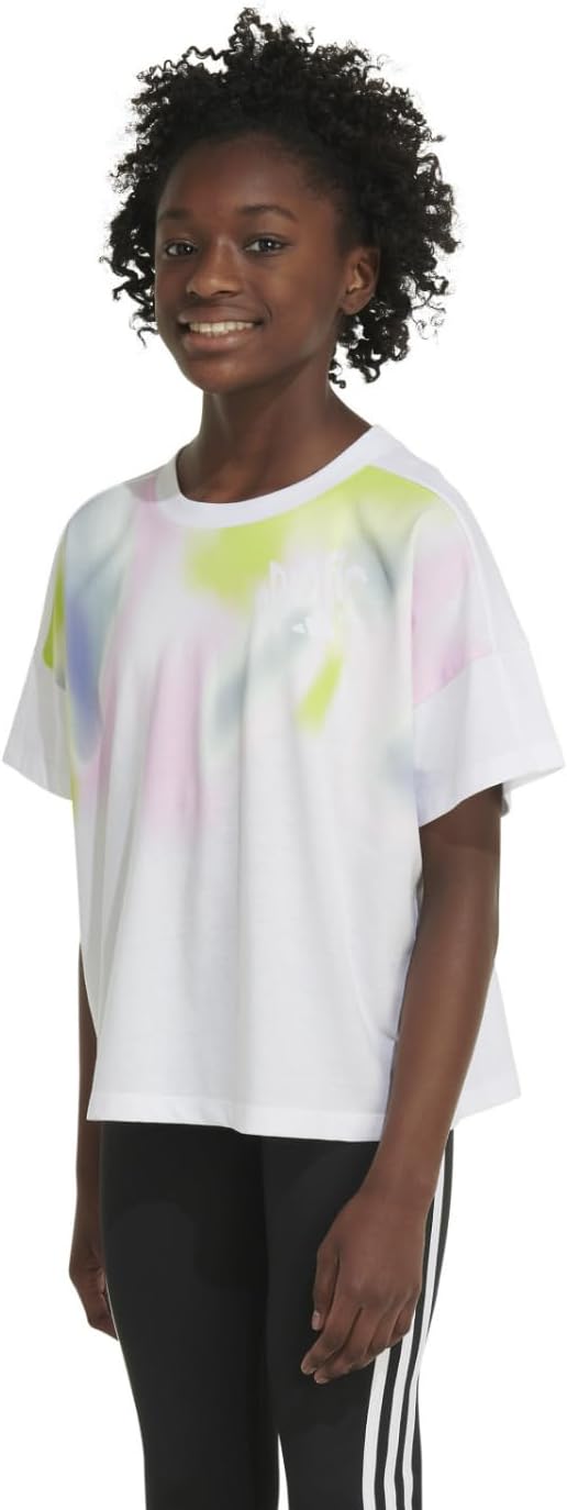 adidas Girls' Little Short Sleeve Loose Boxy Tee, White with Multicolors, X-Large