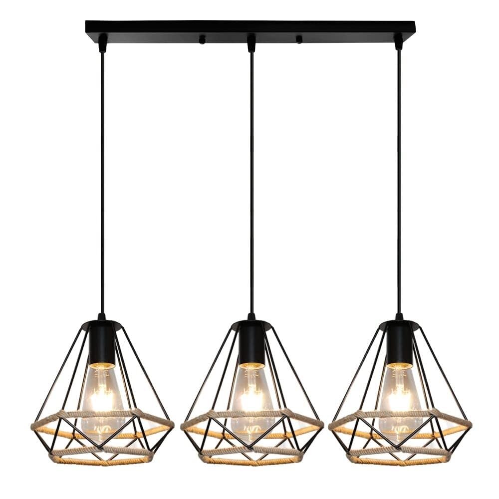 LYMSXAZOU 3-Light Hemp Rope Cage Hanging Lamp – Metal Lantern Chandelier with Black Finish Pendant Light Fixture for Kitchen, Living Room, Bedroom(Light Color)
