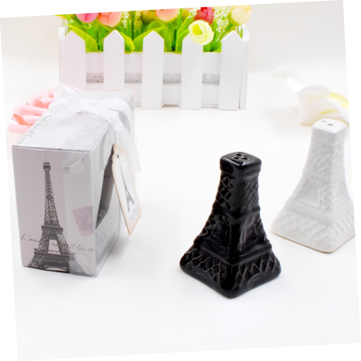 FUNOMOCYA Unique Eiffel Tower Design Shaker Ceramic Seasoning Bottles Lids Great for Cooking