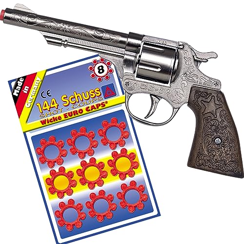 Pistolet de haute qualité Revolver Fusil avec 144 cartouches de munitions Police Cowboy pour enfants & adultes Accessoire de déguisement (Revolver Cowboy)