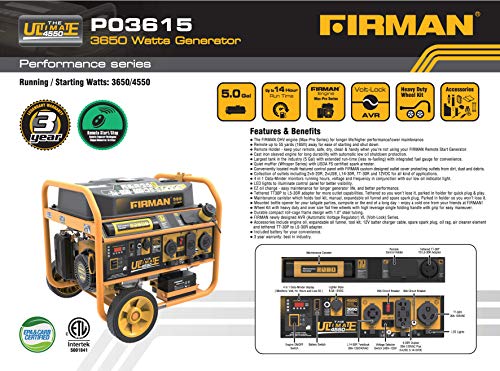 Firman P03612 4550/3650 Watt 120/240V Remote Start Gas Portable Generator cETL Certified, Black - Thumbnail 2